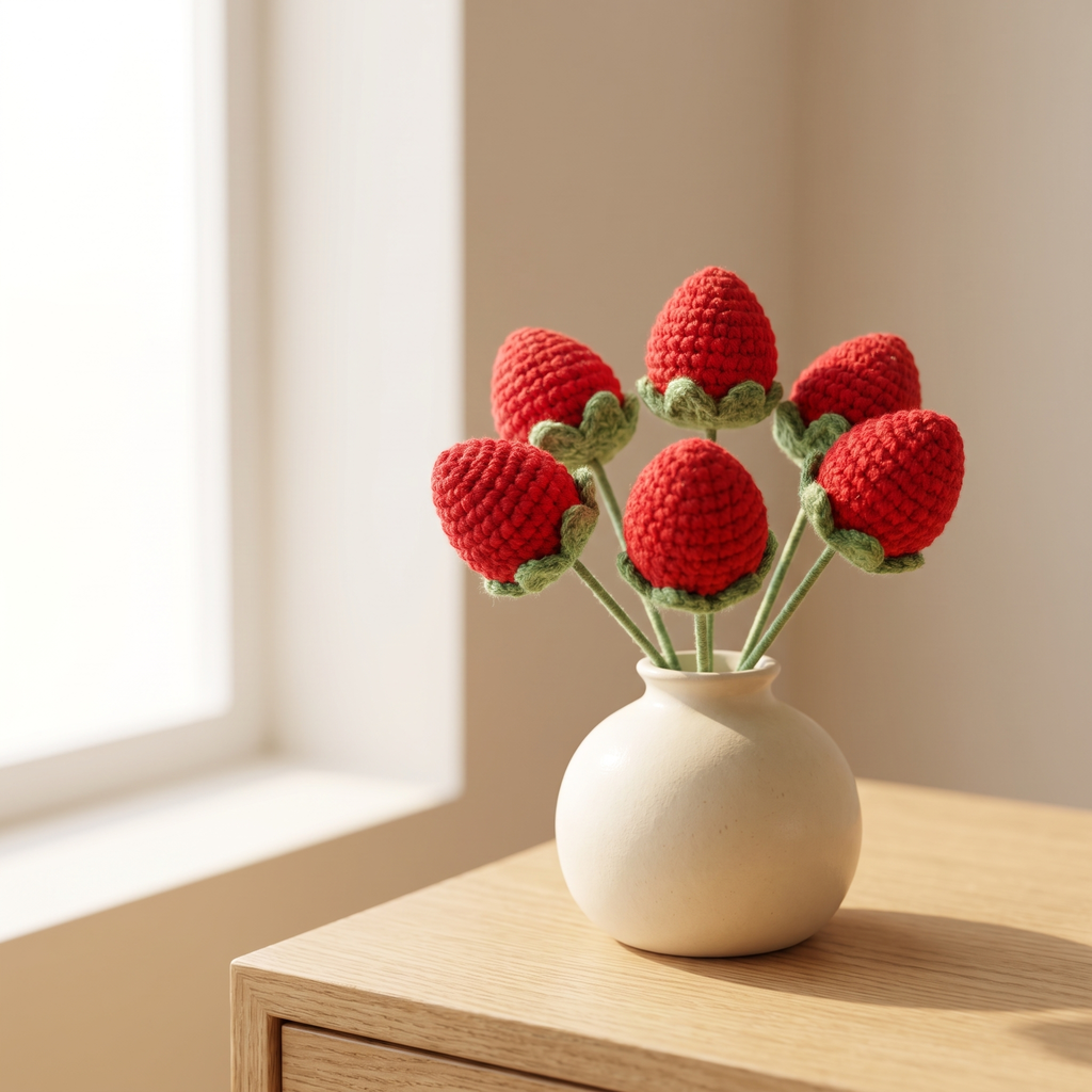 6-stem crochet strawberry bouquet in a cream vase