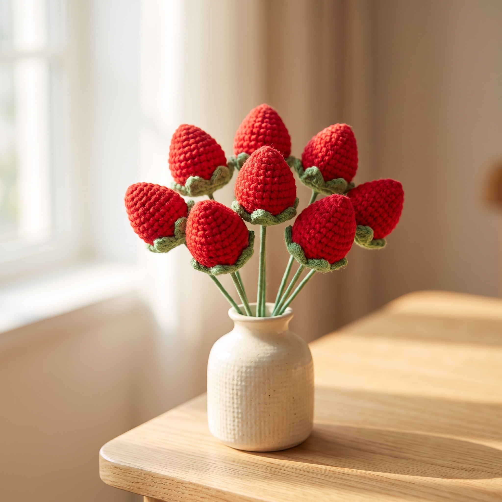 8-stem crochet strawberry bouquet in a cream vase