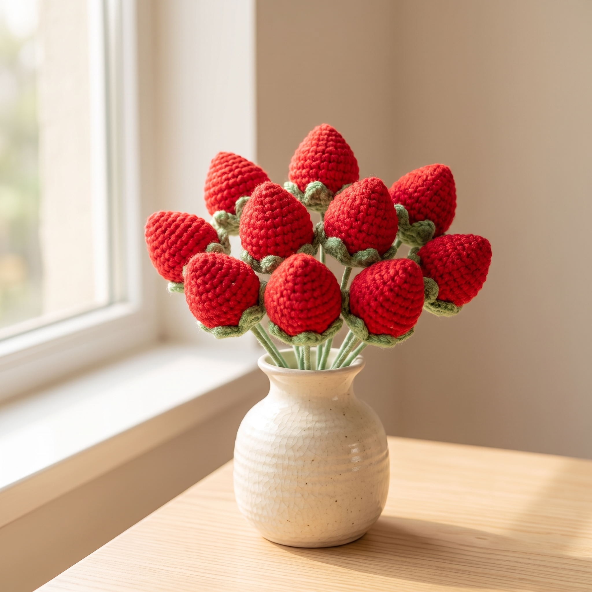 10-stem crochet strawberry bouquet in a cream vase