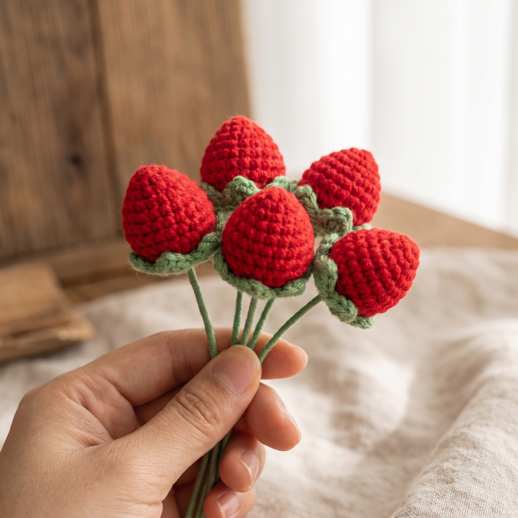Bunch of handmade crochet strawberries held in hand