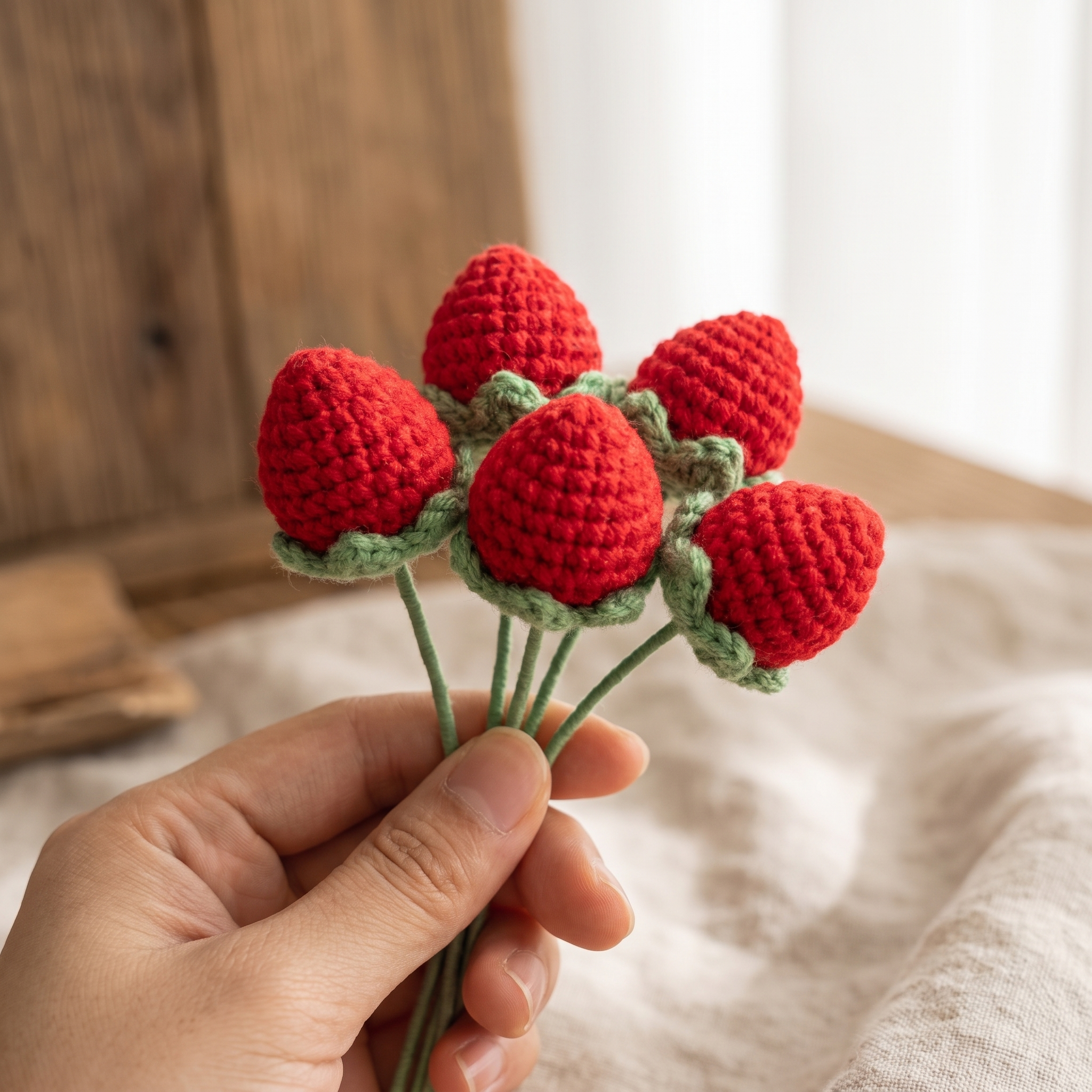 Bunch of handmade crochet strawberries held in hand
